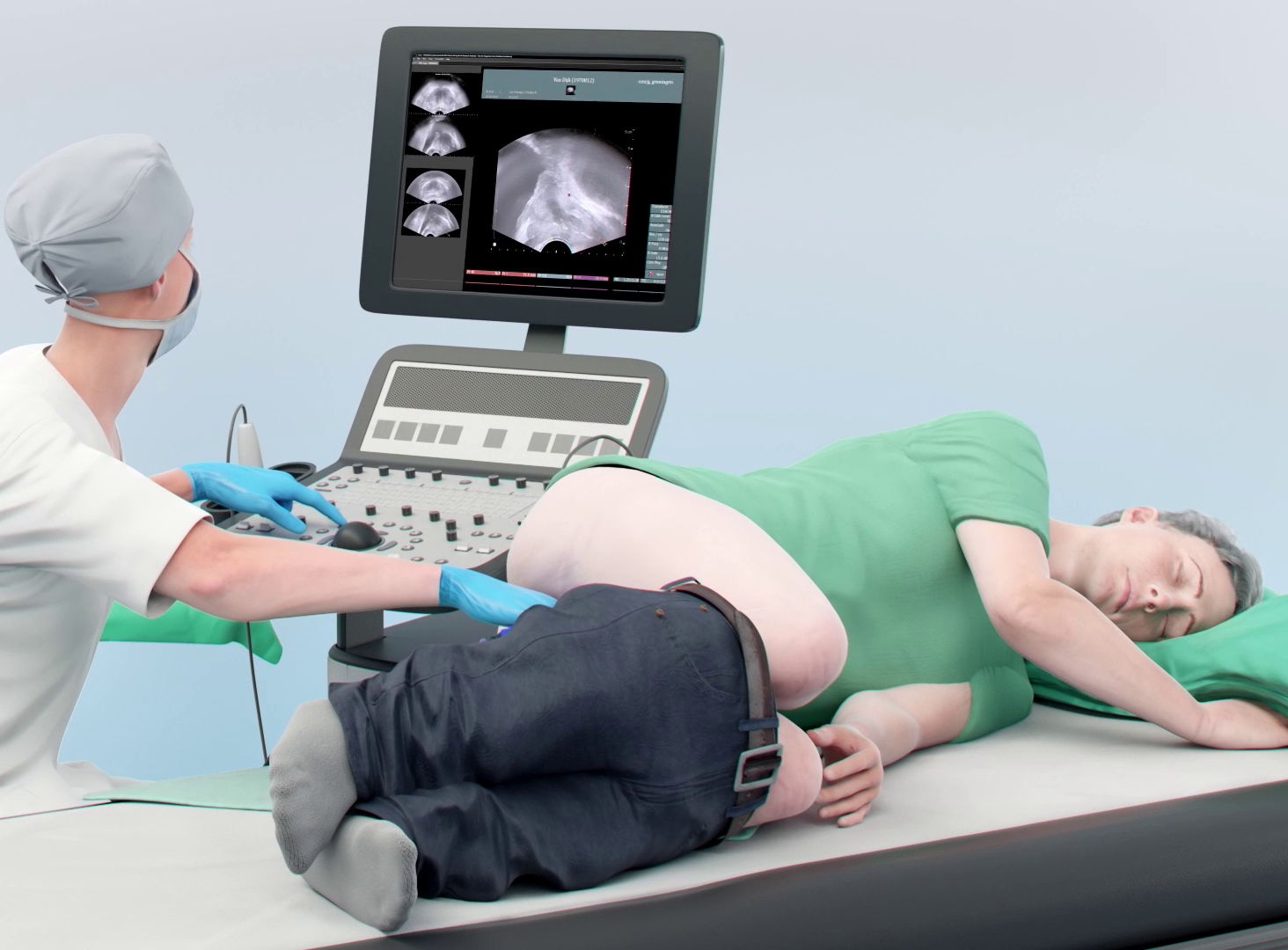Men in MRI scanner with The Remote Controlled Manipulator (RCM). A fully MR compatible robotic device for MRI-guided in-bore prostate biopsy.